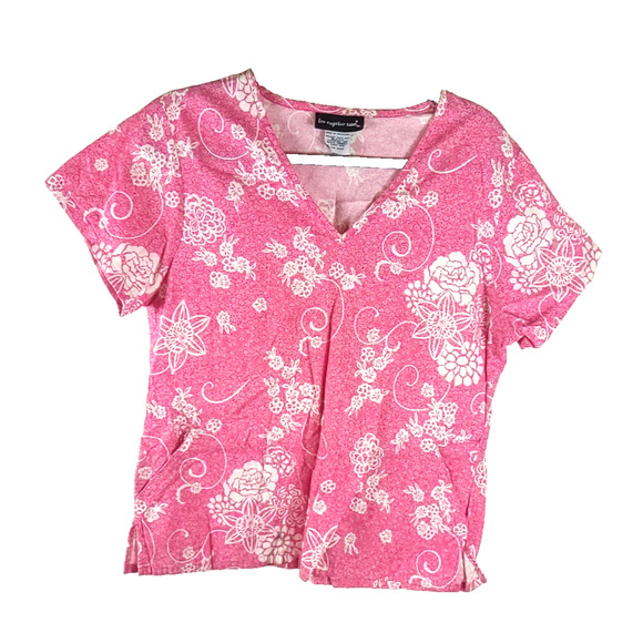 Los Angeles Rose Women's Scrub Top Pink Floral Size Large 100% Cotton Medical - Picture 1 of 7